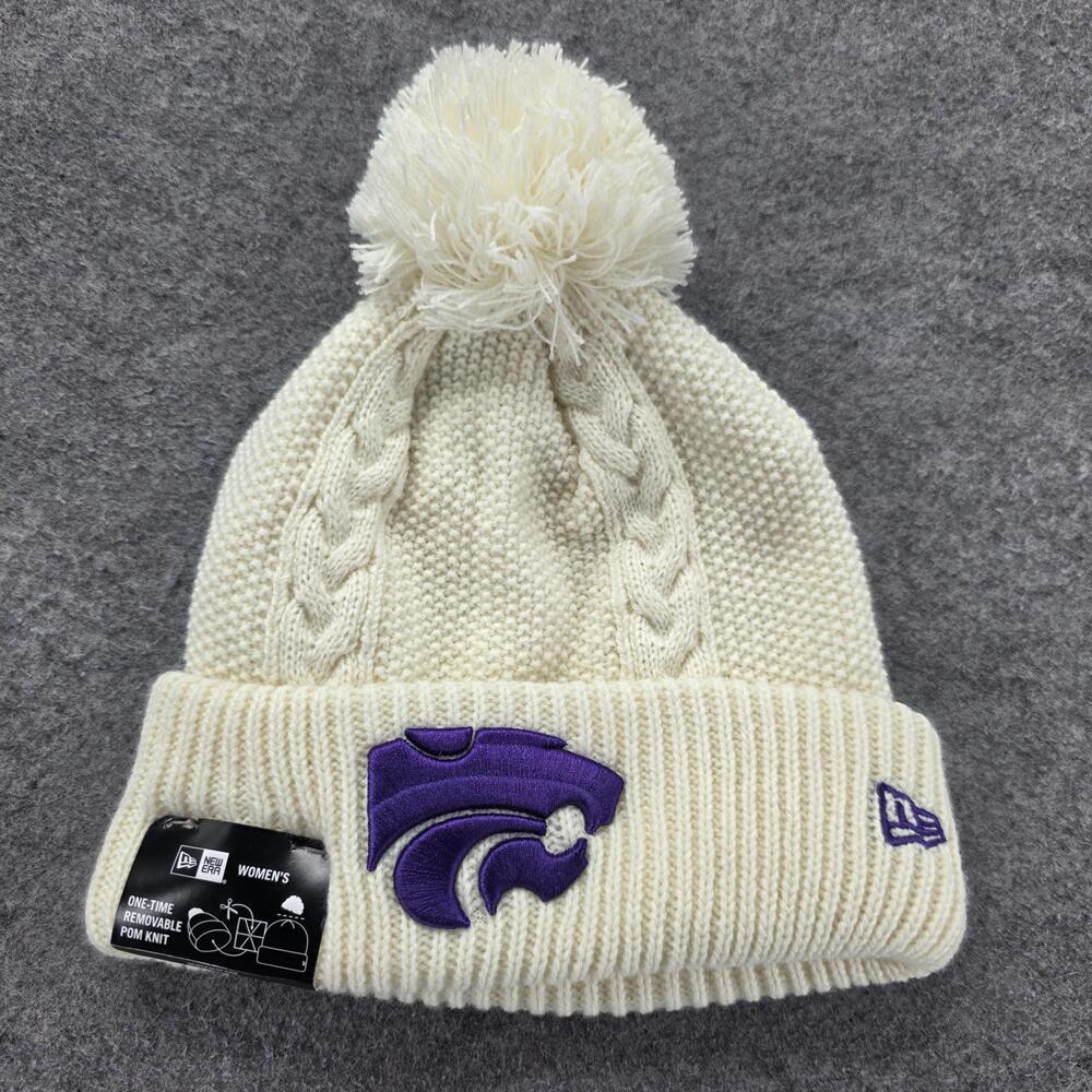 New Era Beanie Womens One Size White Cable Knit Pom Removable Embroidered Logo